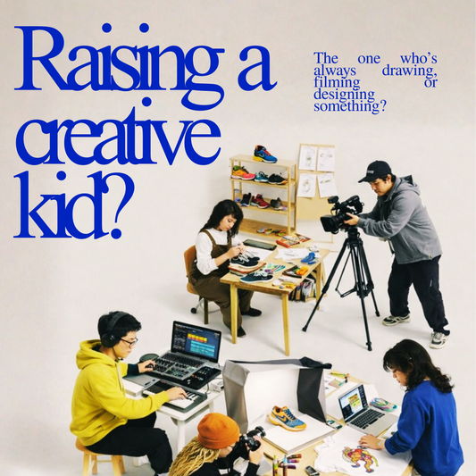 Promotional poster for a summer camp for creative kids, showing children engaged in various activities like drawing and filming.
